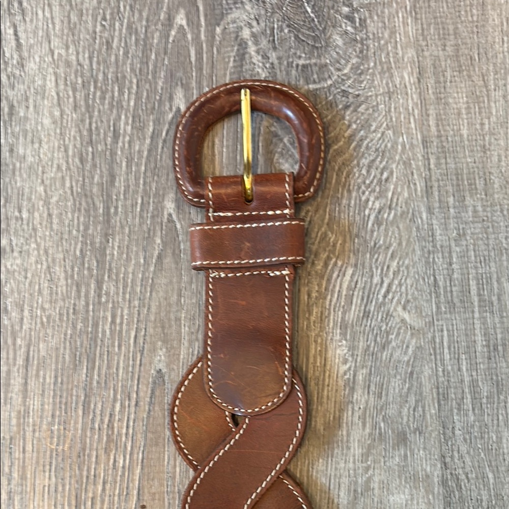 Brown Leather Belt with Brass Buckle and Contrast Stitching